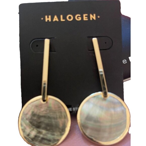 Halogen Nordstrom Gold-Tone Faux Abalone Center Disc Gold Bar Drop Stud Earrings - Picture 4 of 4